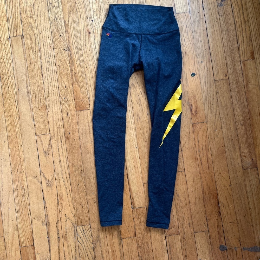 Aviator Nation Dark Gray Leggings with Yellow Lightning Bolt